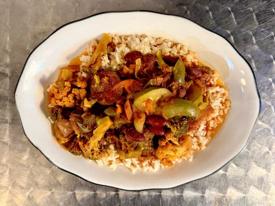 Vegetarian chili over brown rice