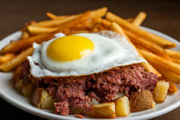 Eggs, Corned Beef Hash, and Fries